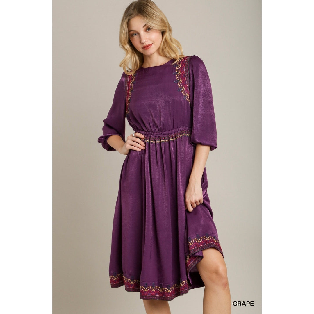 Satin Round Neck Embroidery Midi Dress Image 1