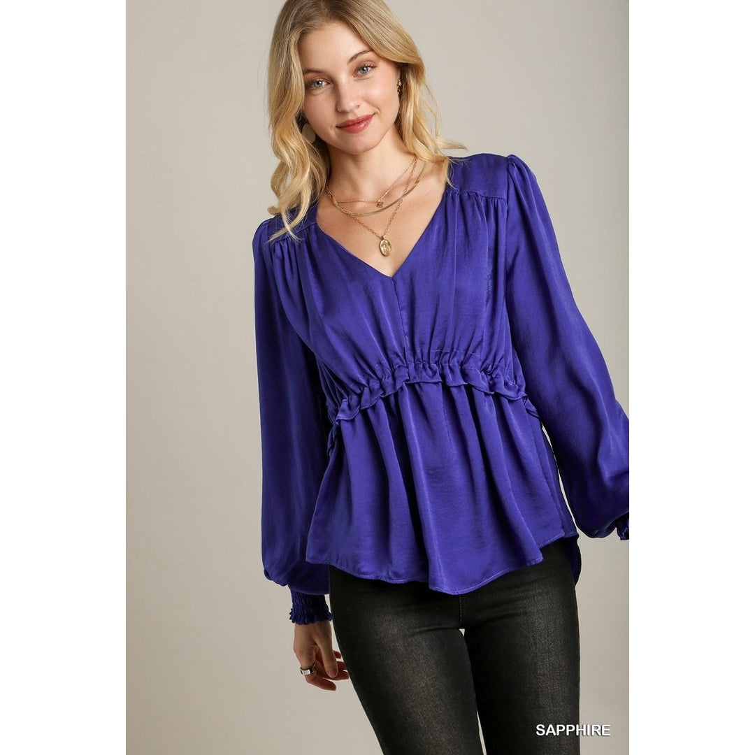 Satin V-neck Ruffle Baby Doll Top With Cuffed Long Sleeve Image 1