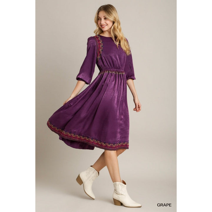 Satin Round Neck Embroidery Midi Dress Image 2