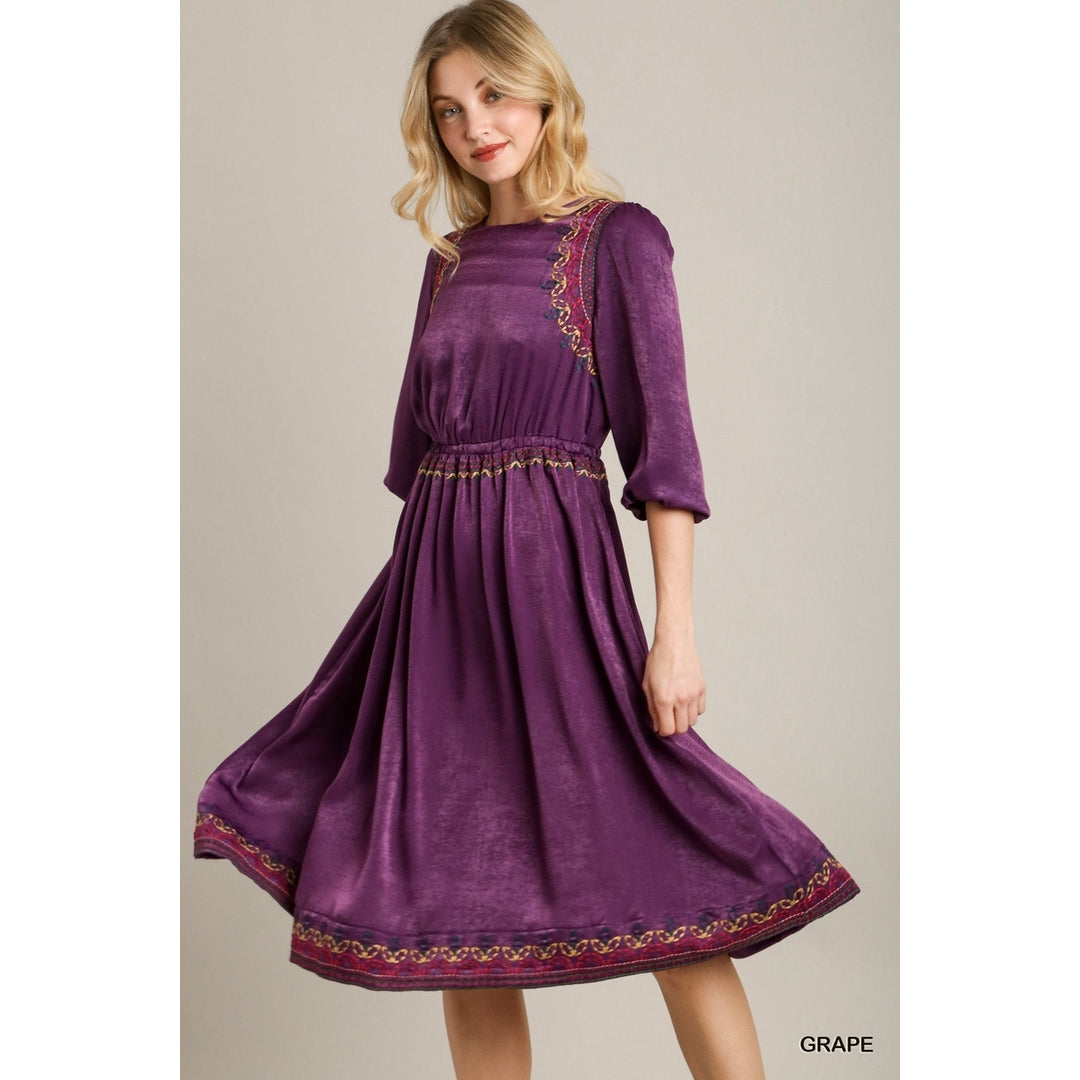 Satin Round Neck Embroidery Midi Dress Image 3