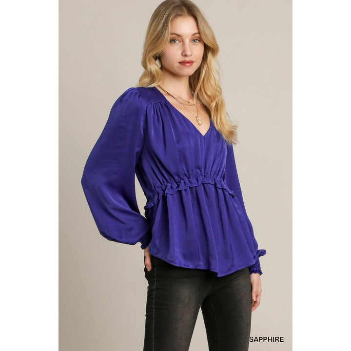 Satin V-neck Ruffle Baby Doll Top With Cuffed Long Sleeve Image 3