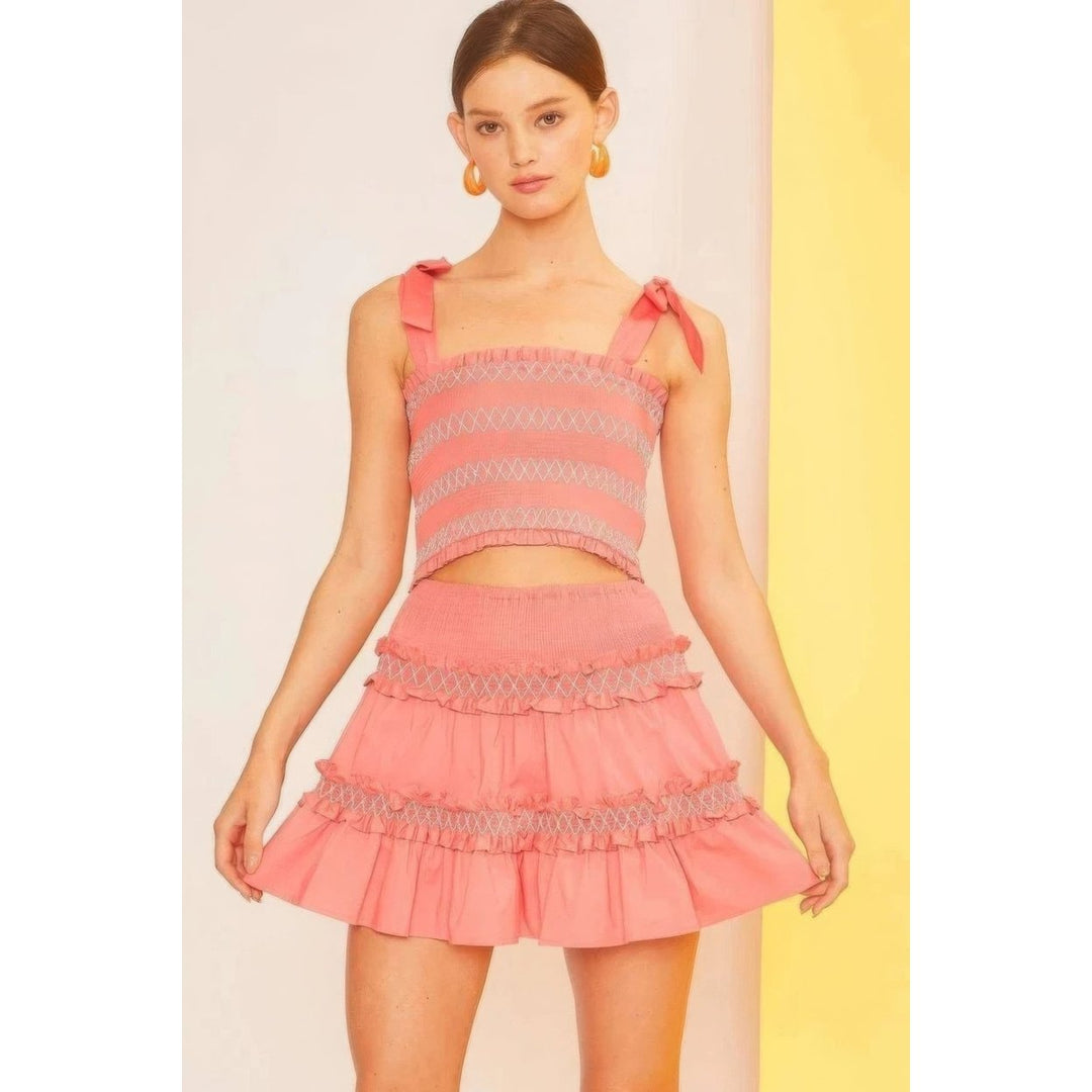 Self Tie Shoulder Smocking Ruffle Crop Top Image 3