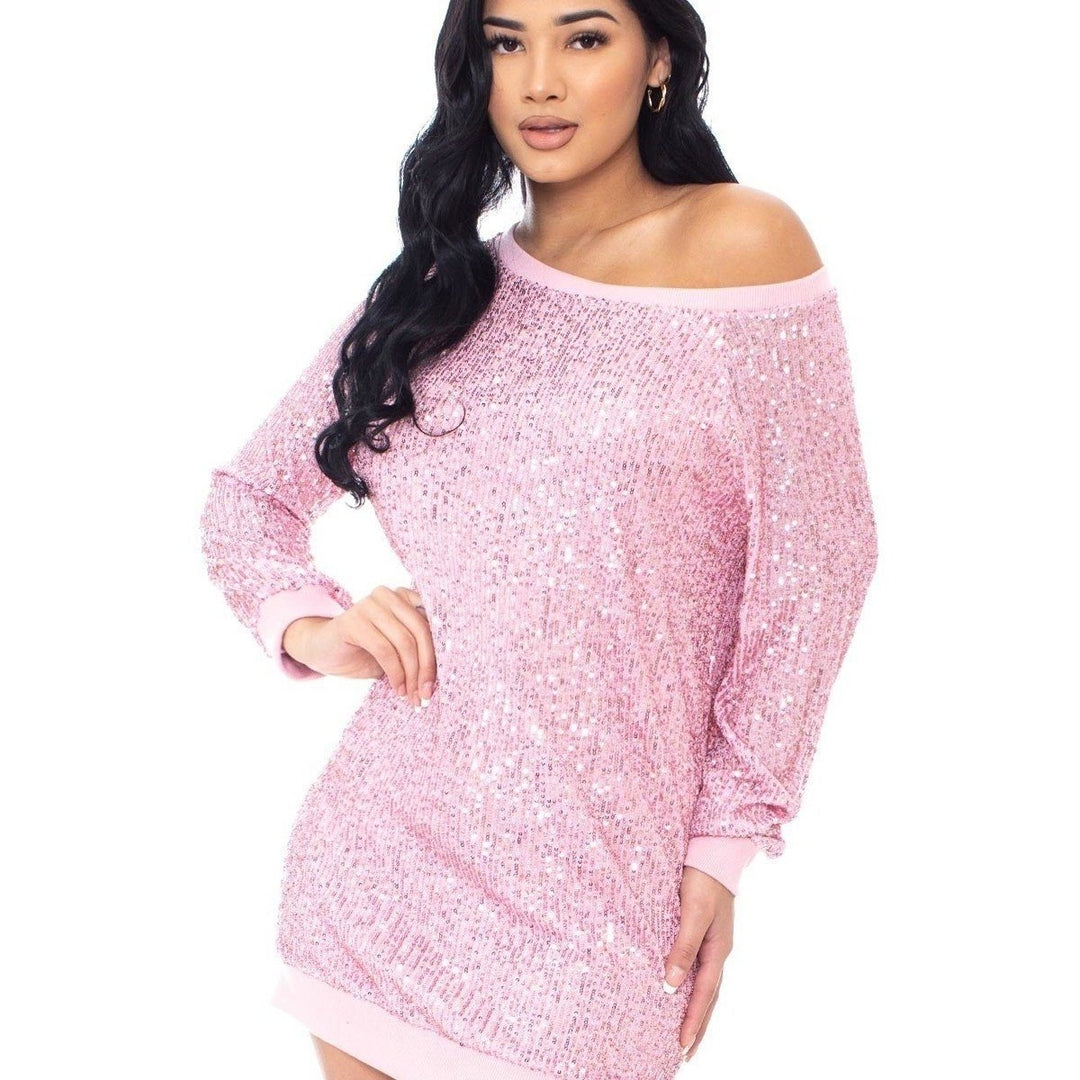 Sequin Wide Neck Boxy Mini Dress Image 1