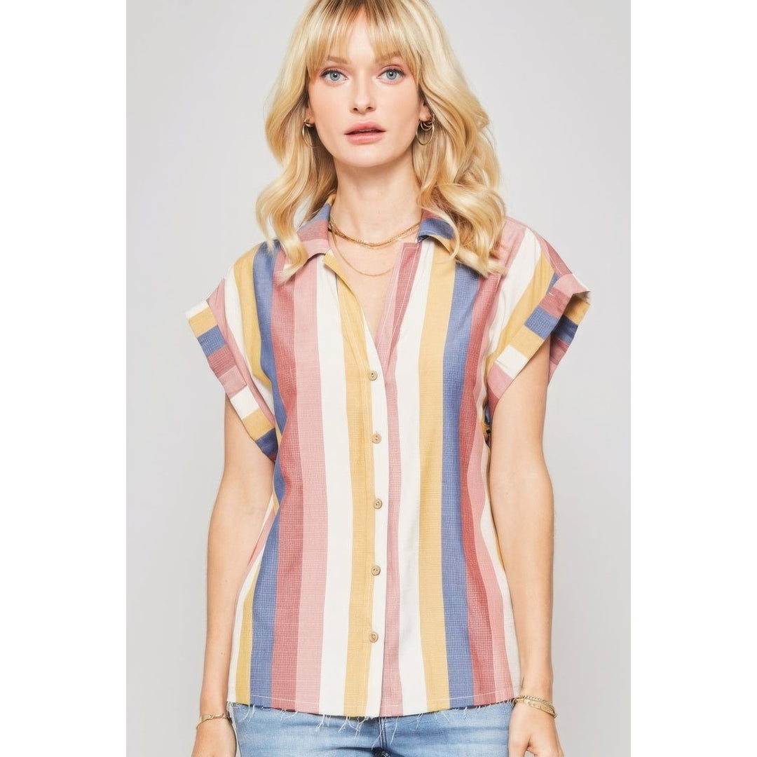 A Woven Shirt In Multicolor Striped With Collared Neckline Image 1