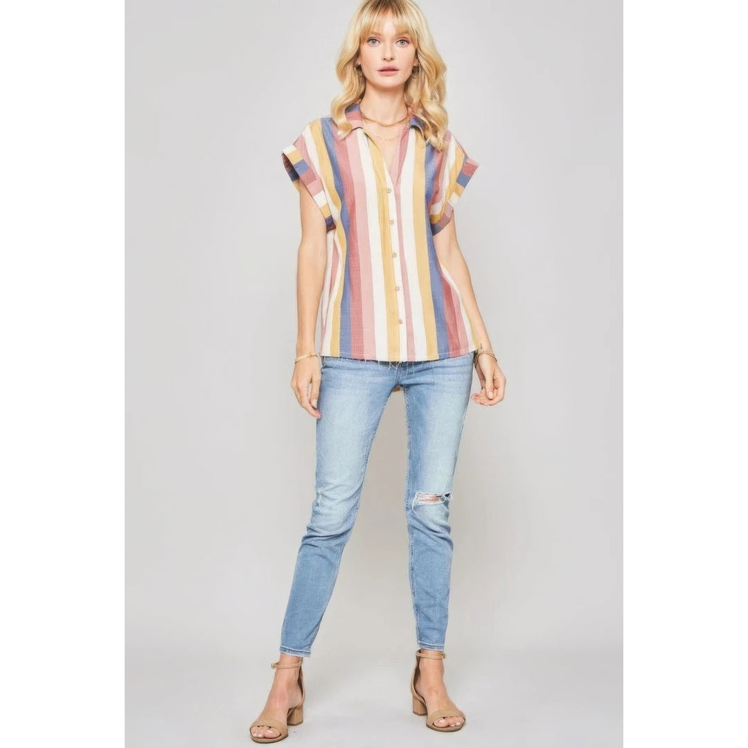 A Woven Shirt In Multicolor Striped With Collared Neckline Image 2