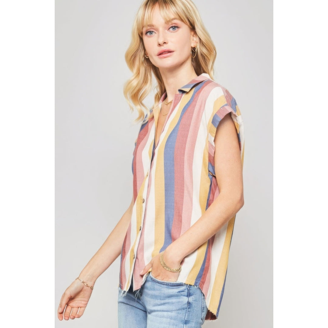 A Woven Shirt In Multicolor Striped With Collared Neckline Image 3