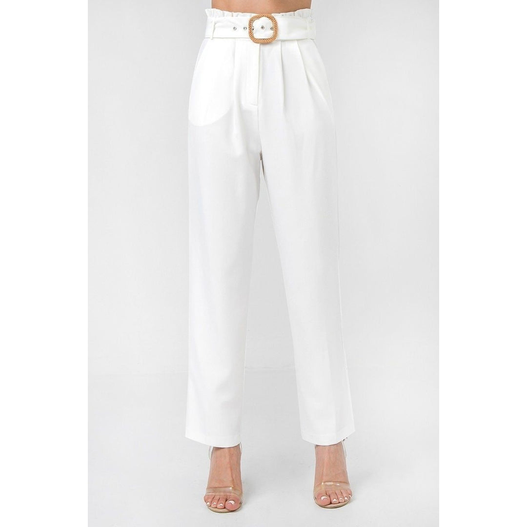 A Solid Pant Featuring Paperbag Waist With Rattan Buckle Belt Image 1