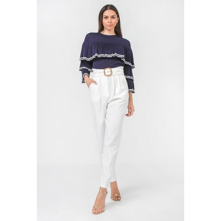 A Solid Pant Featuring Paperbag Waist With Rattan Buckle Belt Image 2