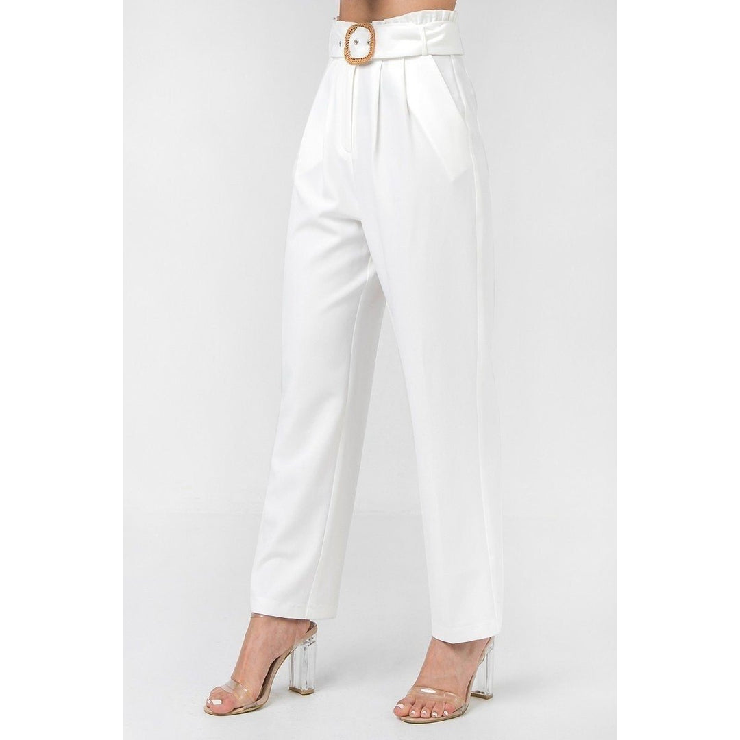 A Solid Pant Featuring Paperbag Waist With Rattan Buckle Belt Image 3