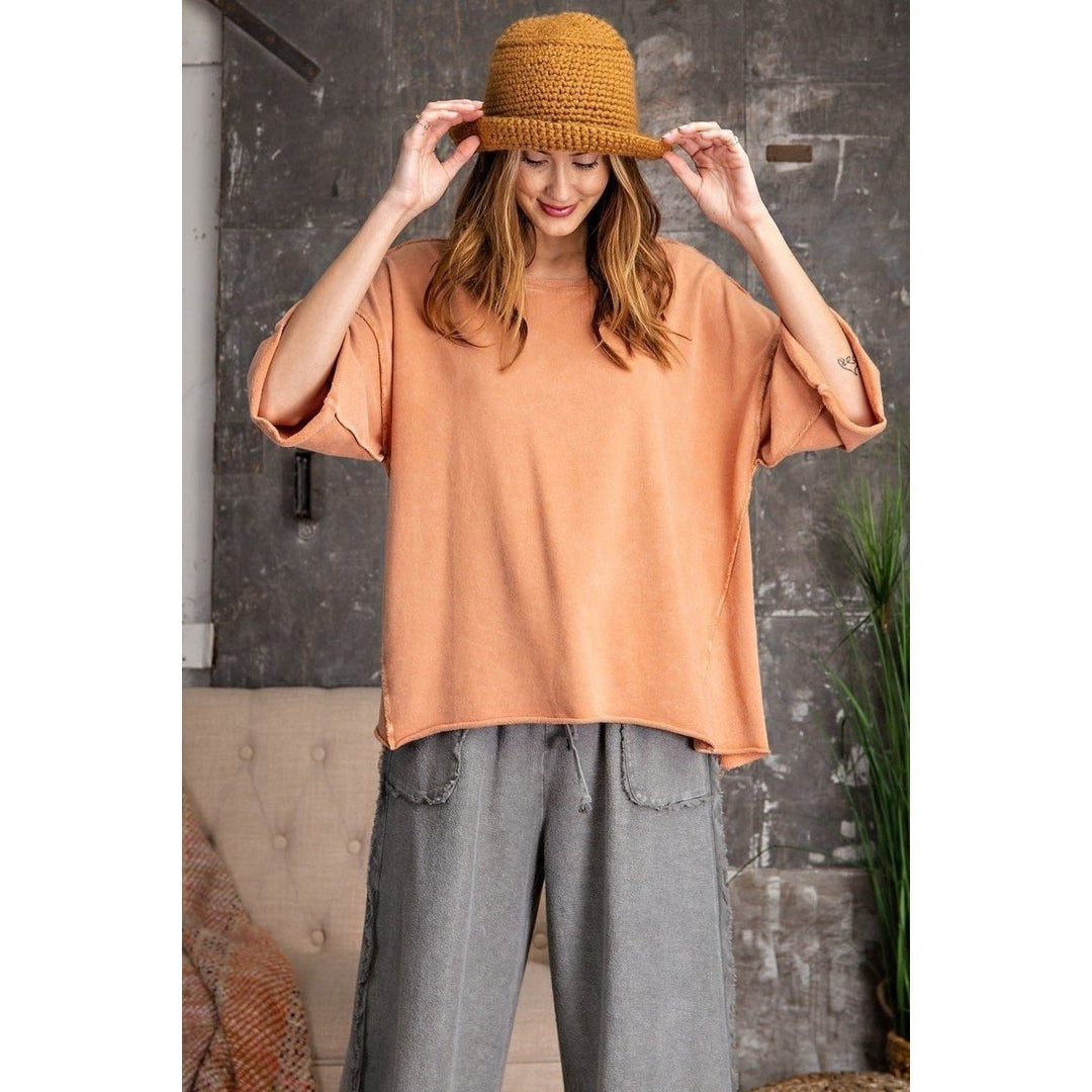 3/4 Slvs Mineral Washed Terry Knit Boxy Top Image 1