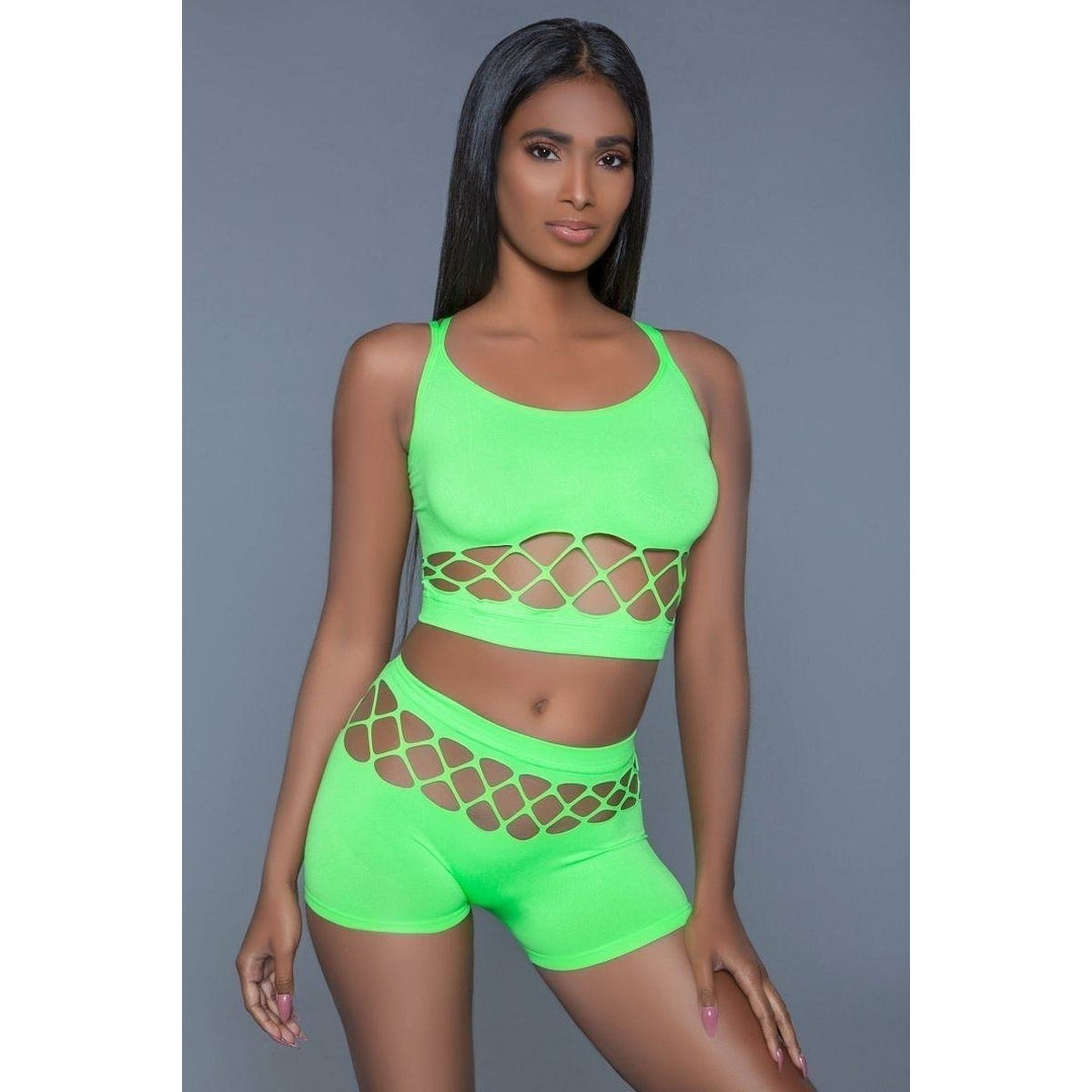 2 pc silk fishnet set that includes a tank crop top with criss-cross cami straps and a pair of high waisted booty Image 1