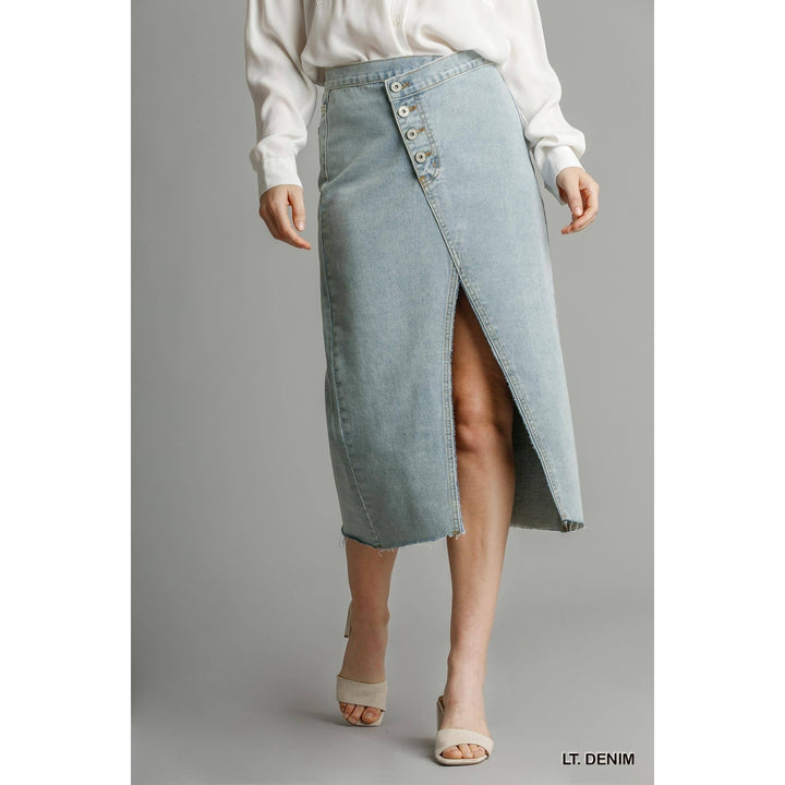 Asymmetrical Waist And Button Up Front Split Denim Skirt With Back Pockets And Unfinished Hem Image 1