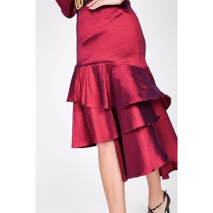 Asymmetrical Ruffle Bottom Satin Skirt Image 2