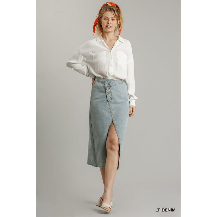 Asymmetrical Waist And Button Up Front Split Denim Skirt With Back Pockets And Unfinished Hem Image 2