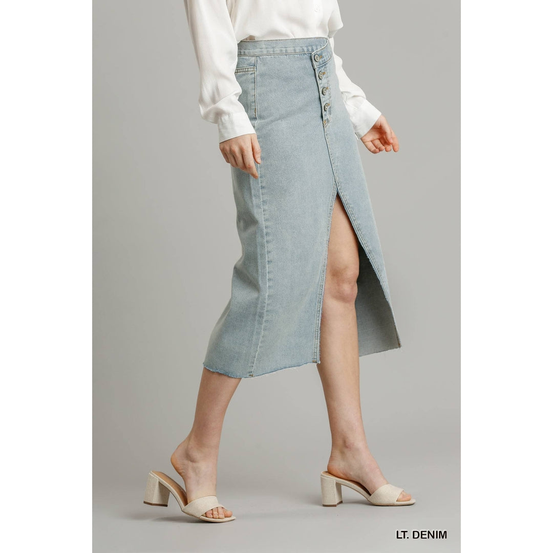 Asymmetrical Waist And Button Up Front Split Denim Skirt With Back Pockets And Unfinished Hem Image 3