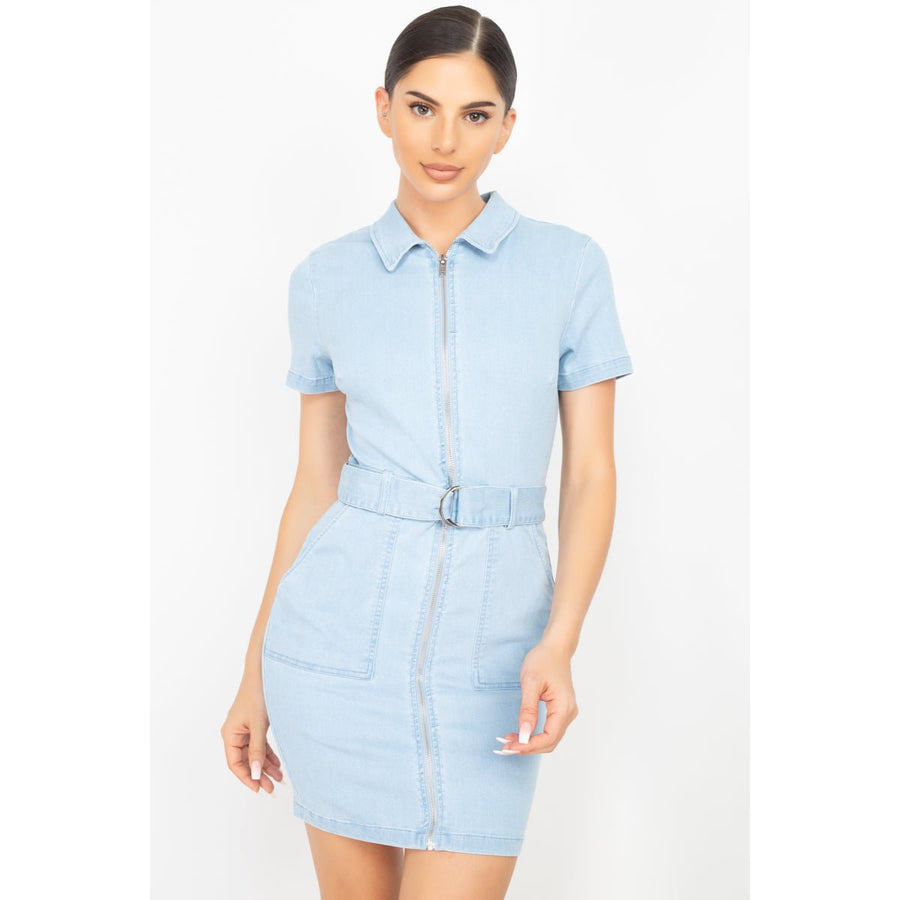 Belted Bodycon Collared Denim Dress Image 1