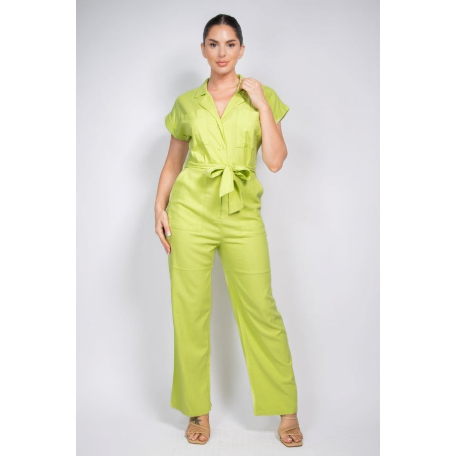 Belted Button-down Linen Jumpsuit Image 1