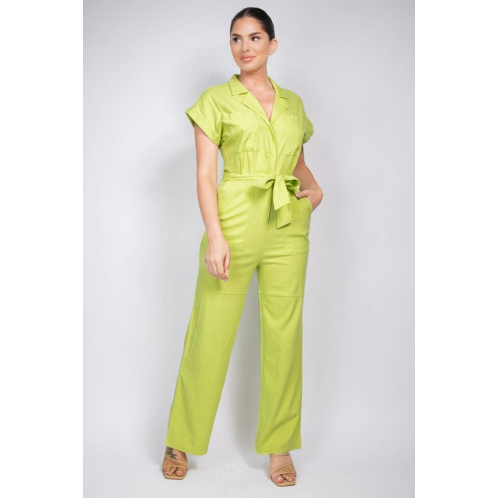 Belted Button-down Linen Jumpsuit Image 2