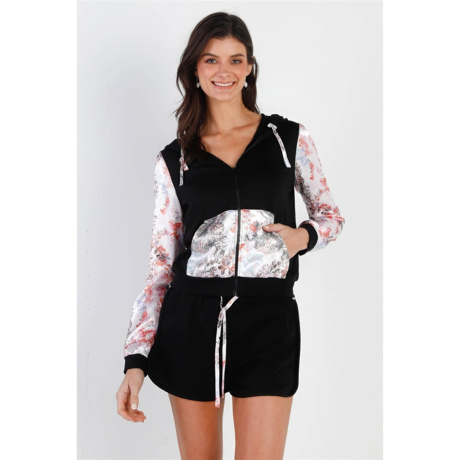 Black and Multi Color Print Colorblock Zip-up Hooded Top and Short Set Image 1