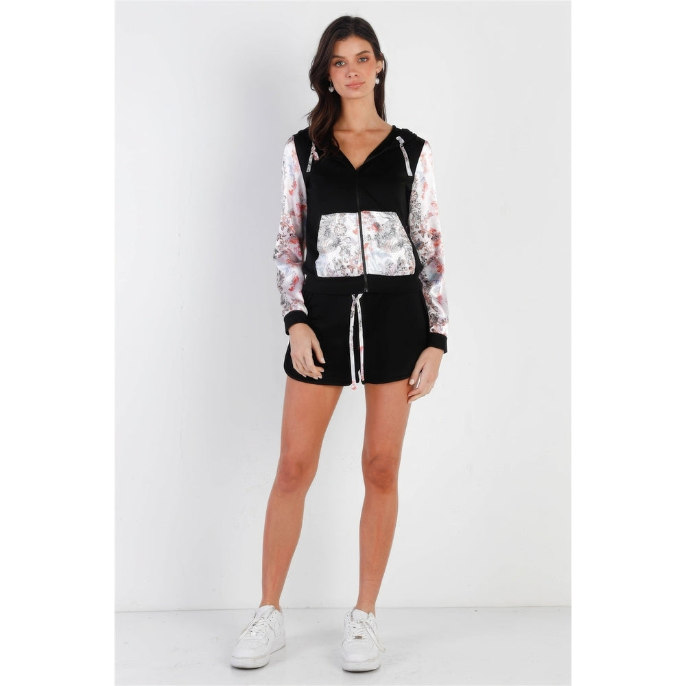 Black and Multi Color Print Colorblock Zip-up Hooded Top and Short Set Image 2