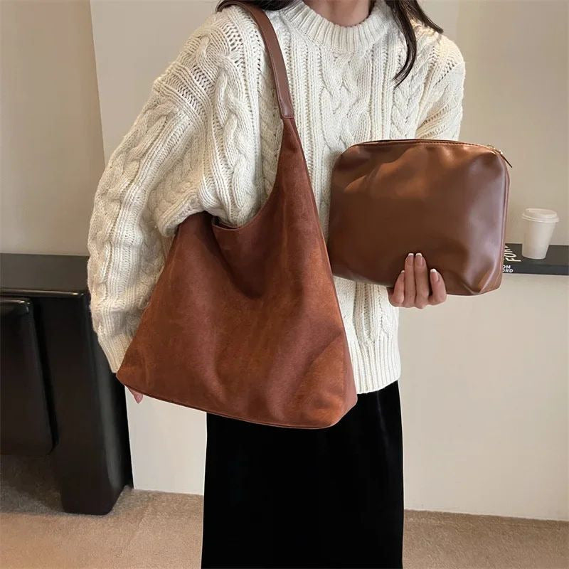 Vintage Womens Large Suede Shoulder Bag Retro Solid Color Casual Handbag Image 2