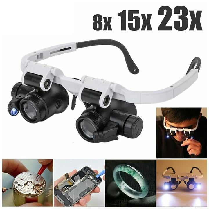 2XLED Watch Jeweler Repair Magnifier Head-Mounted Headband Adjustable Magnifying Head Eye Glasses Loupe Lens 8X 15X 23X Image 1