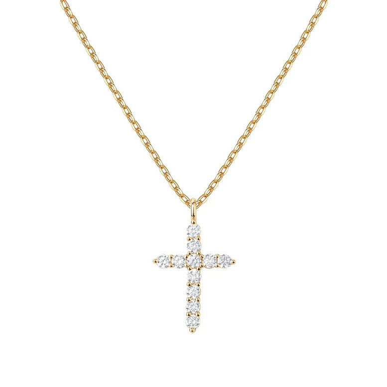 Paris Jewelry 18K Yellow Gold Created White Sapphire Petite Cross Necklace Plated Image 1