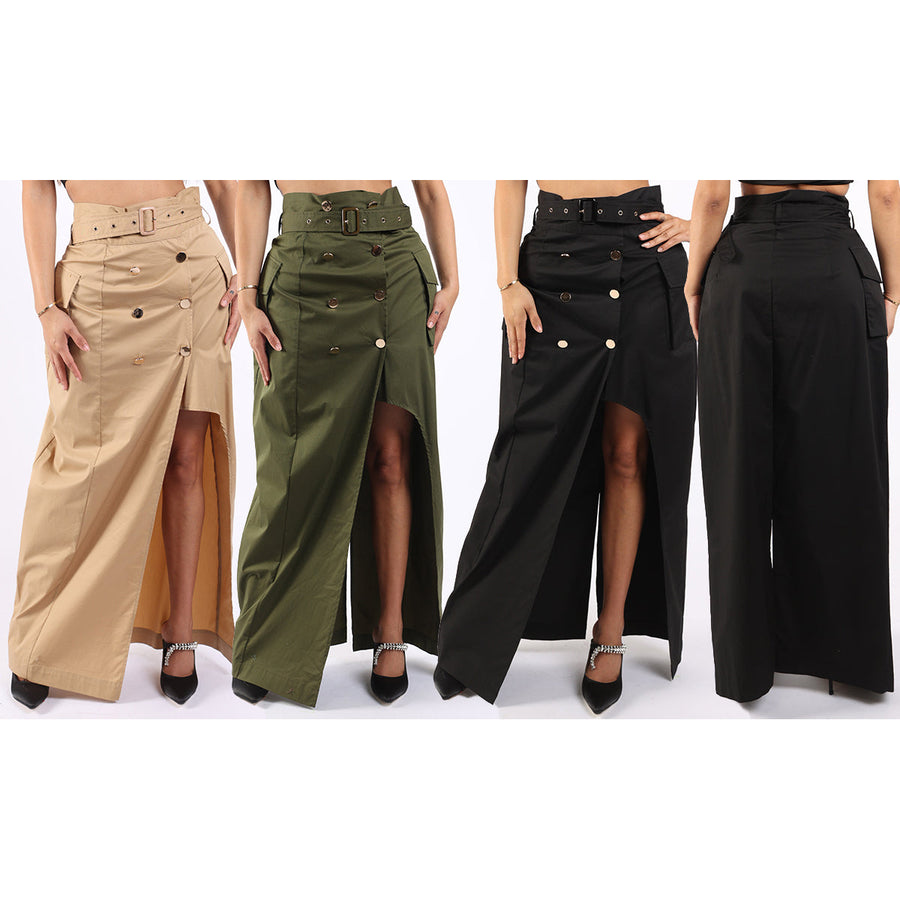 Asymmetric Self Belted Pockets Detailed Maxi Skirt Formal Casual Image 1