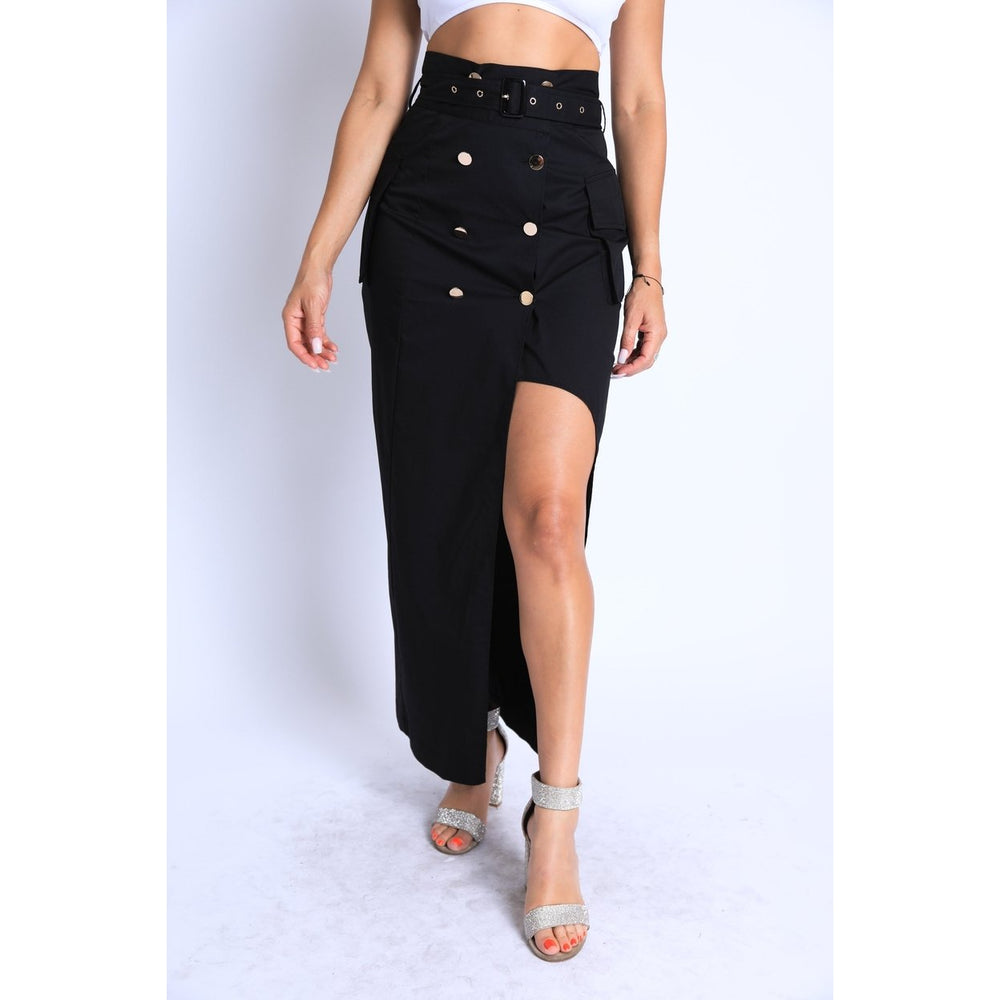 Asymmetric Self Belted Pockets Detailed Maxi Skirt Formal Casual Image 2