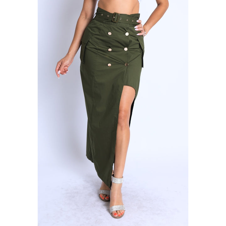 Asymmetric Self Belted Pockets Detailed Maxi Skirt Formal Casual Image 3