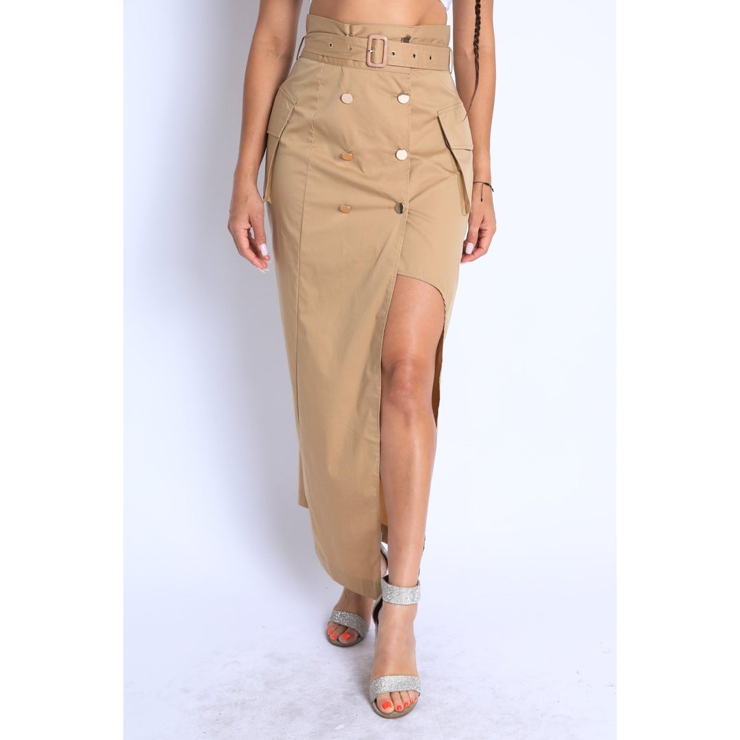 Asymmetric Self Belted Pockets Detailed Maxi Skirt Formal Casual Image 4