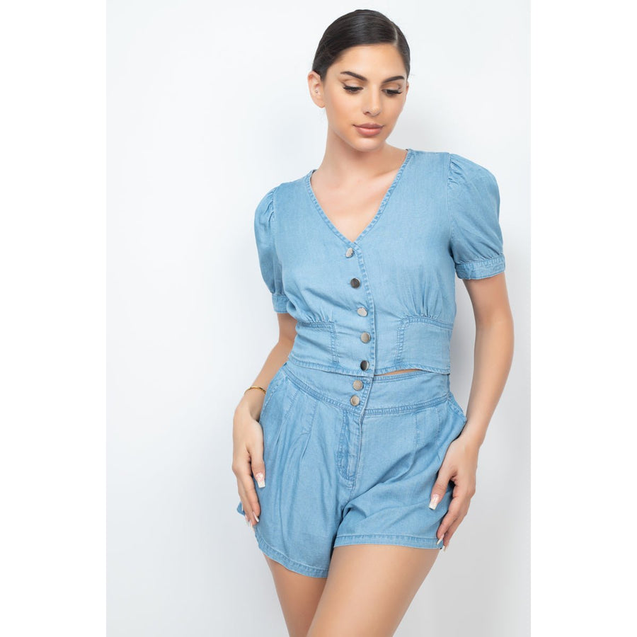 Button-front Denim Top And Shorts Set Image 1