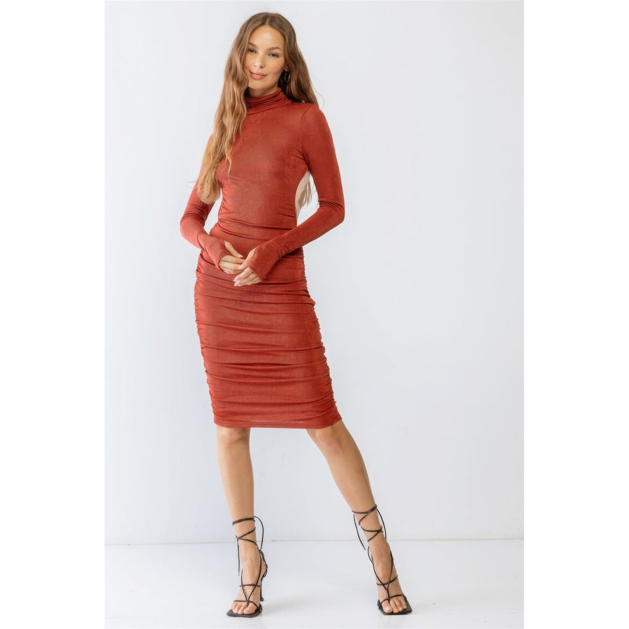 Brick Satin Effect Ruched Turtle Neck Open Back Midi Dress Image 1