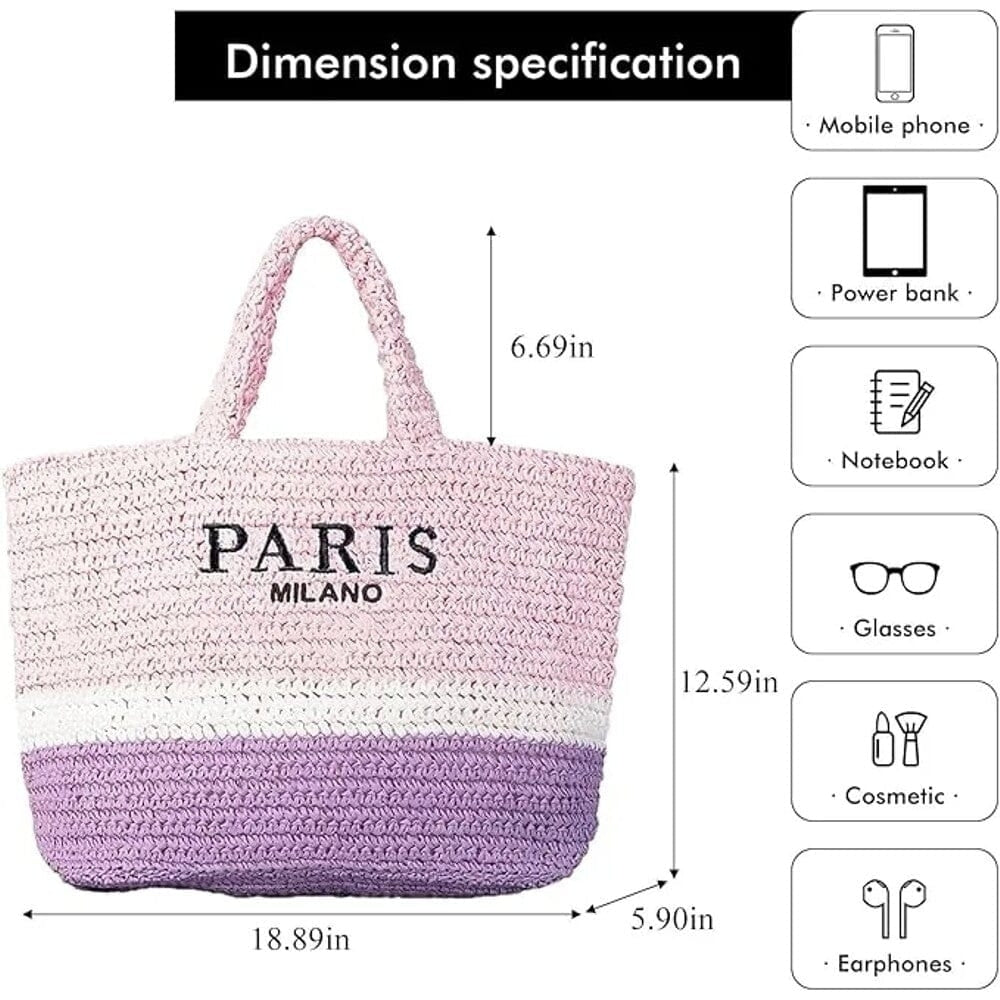 Large Straw Beach Bag  Woven Shoulder Tote Bag  Paris/Milano Image 2