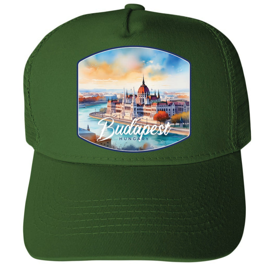 Budapest Hungary Watercolor Cityscape Design Unisex Mesh Back Trucker Hat with Adjustable Snapback Image 1