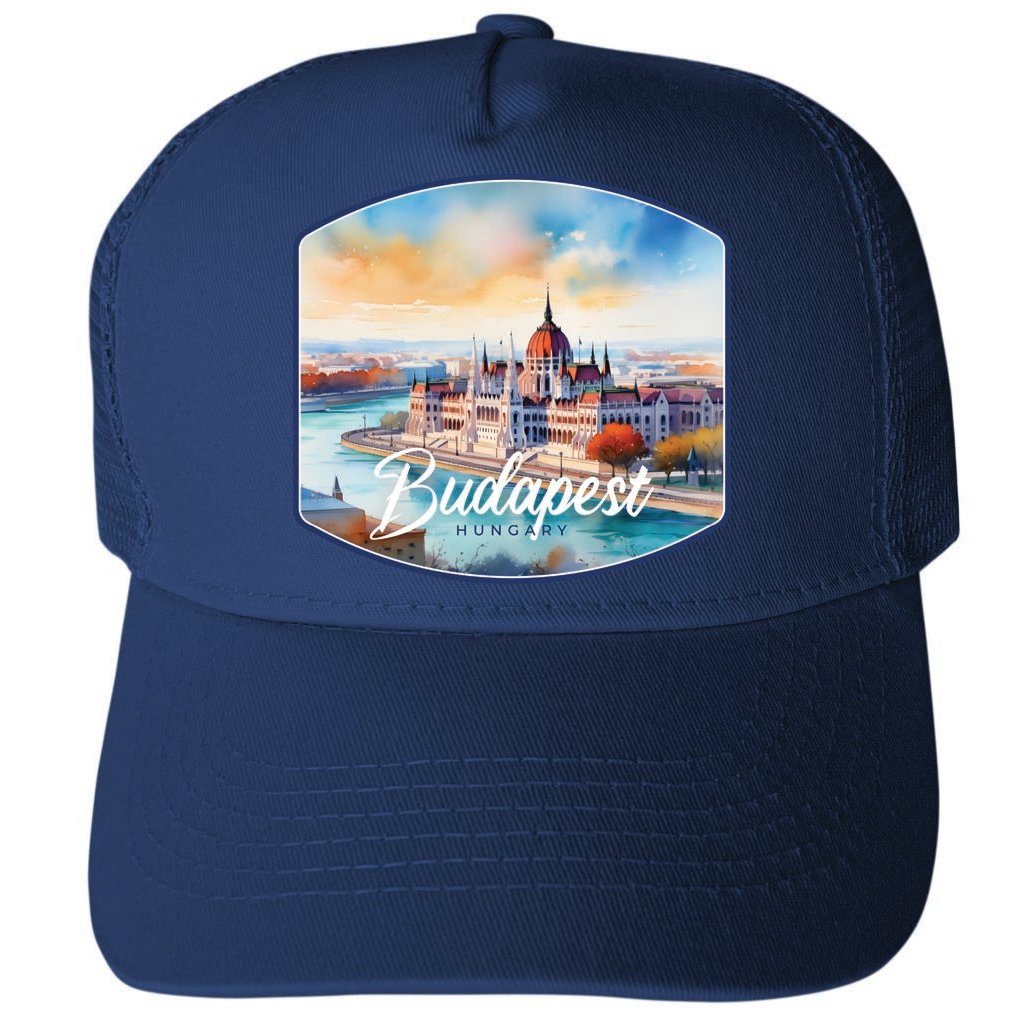 Budapest Hungary Watercolor Cityscape Design Unisex Mesh Back Trucker Hat with Adjustable Snapback Image 2