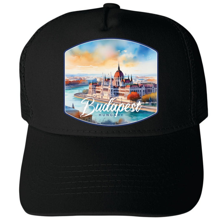 Budapest Hungary Watercolor Cityscape Design Unisex Mesh Back Trucker Hat with Adjustable Snapback Image 3