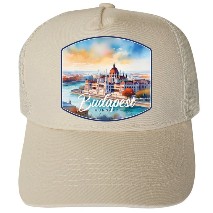 Budapest Hungary Watercolor Cityscape Design Unisex Mesh Back Trucker Hat with Adjustable Snapback Image 4