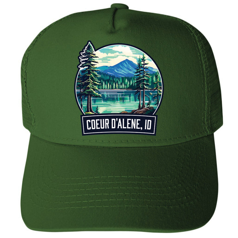 Coeur DAlene Idaho Mountain Lake Illustration Design Unisex Mesh Back Trucker Hat with Adjustable Snapback Image 2