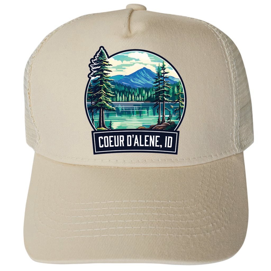 Coeur DAlene Idaho Mountain Lake Illustration Design Unisex Mesh Back Trucker Hat with Adjustable Snapback Image 3