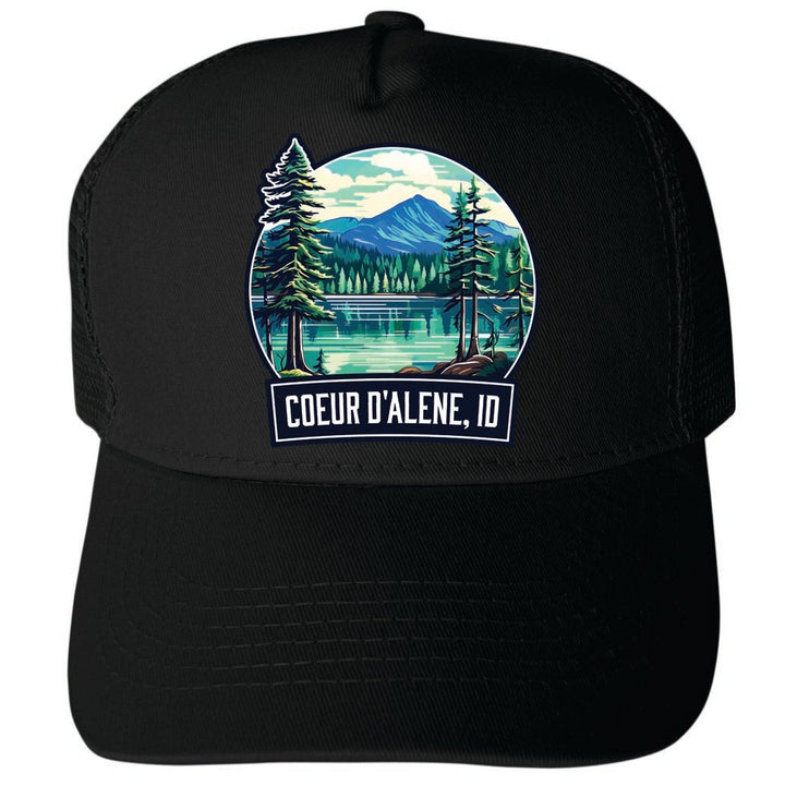 Coeur DAlene Idaho Mountain Lake Illustration Design Unisex Mesh Back Trucker Hat with Adjustable Snapback Image 4