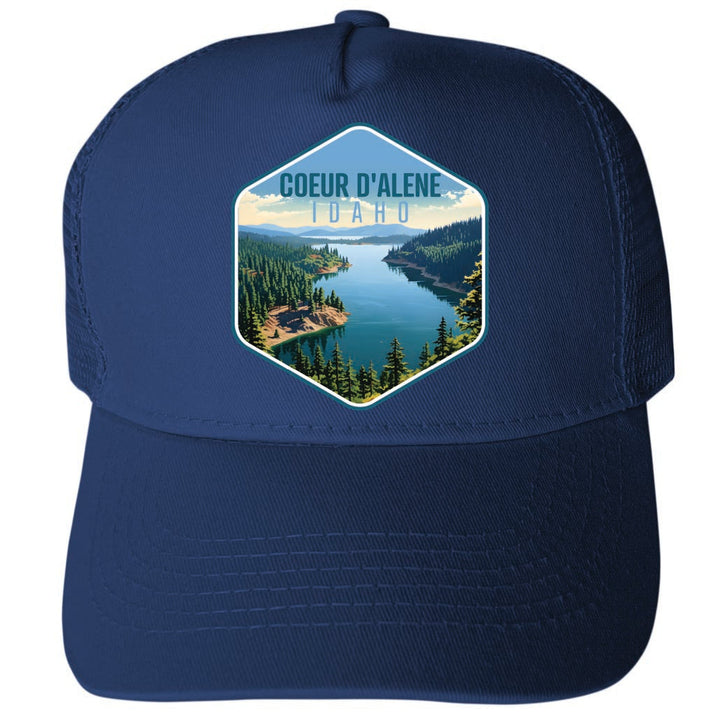 Coeur DAlene Idaho Aerial Lake Design Unisex Mesh Back Trucker Hat with Adjustable Snapback Image 1