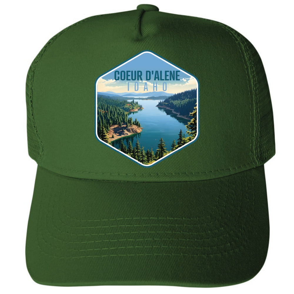 Coeur DAlene Idaho Aerial Lake Design Unisex Mesh Back Trucker Hat with Adjustable Snapback Image 2