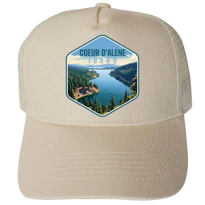 Coeur DAlene Idaho Aerial Lake Design Unisex Mesh Back Trucker Hat with Adjustable Snapback Image 1