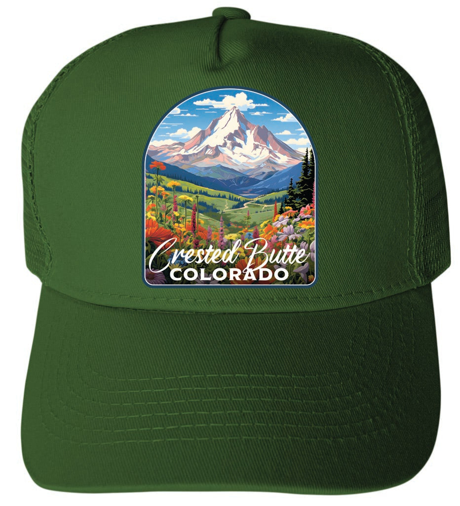 Crested Butte Mountain Colorado Wildflowers Design Unisex Mesh Back Trucker Hat with Adjustable Snapback Image 2