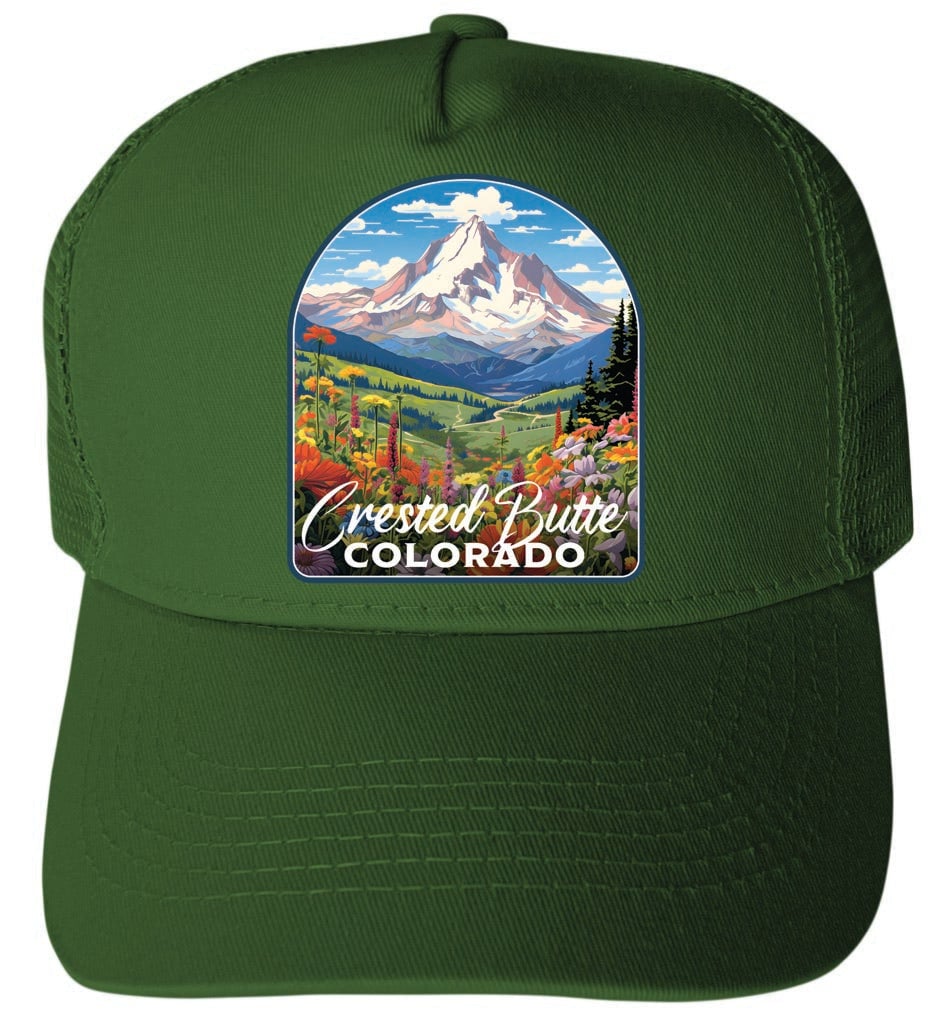 Crested Butte Mountain Colorado Wildflowers Design Unisex Mesh Back Trucker Hat with Adjustable Snapback Image 1