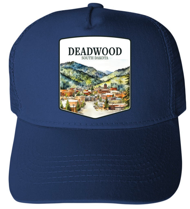 Deadwood South Dakota Watercolor Cityscape Design Unisex Mesh Back Trucker Hat with Adjustable Snapback Image 1