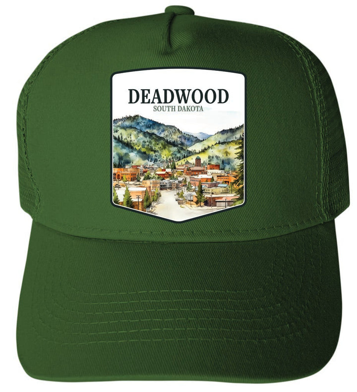 Deadwood South Dakota Watercolor Cityscape Design Unisex Mesh Back Trucker Hat with Adjustable Snapback Image 2