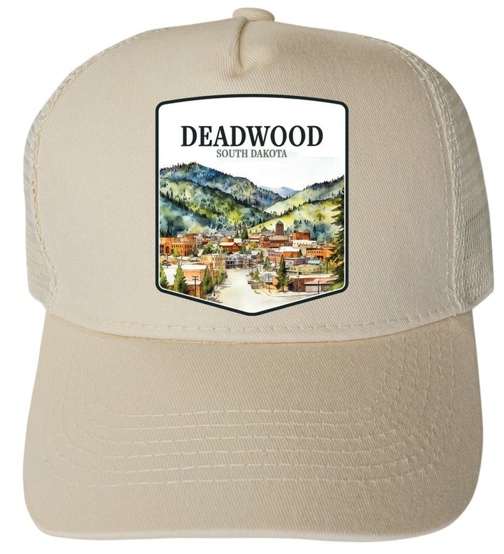 Deadwood South Dakota Watercolor Cityscape Design Unisex Mesh Back Trucker Hat with Adjustable Snapback Image 3