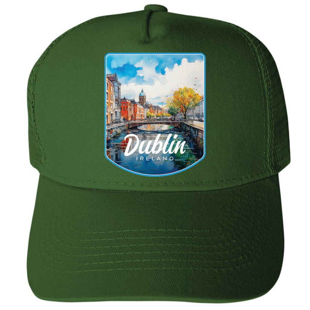 Dublin Ireland Watercolor Cityscape Design Unisex Mesh Back Trucker Hat with Adjustable Snapback Image 1